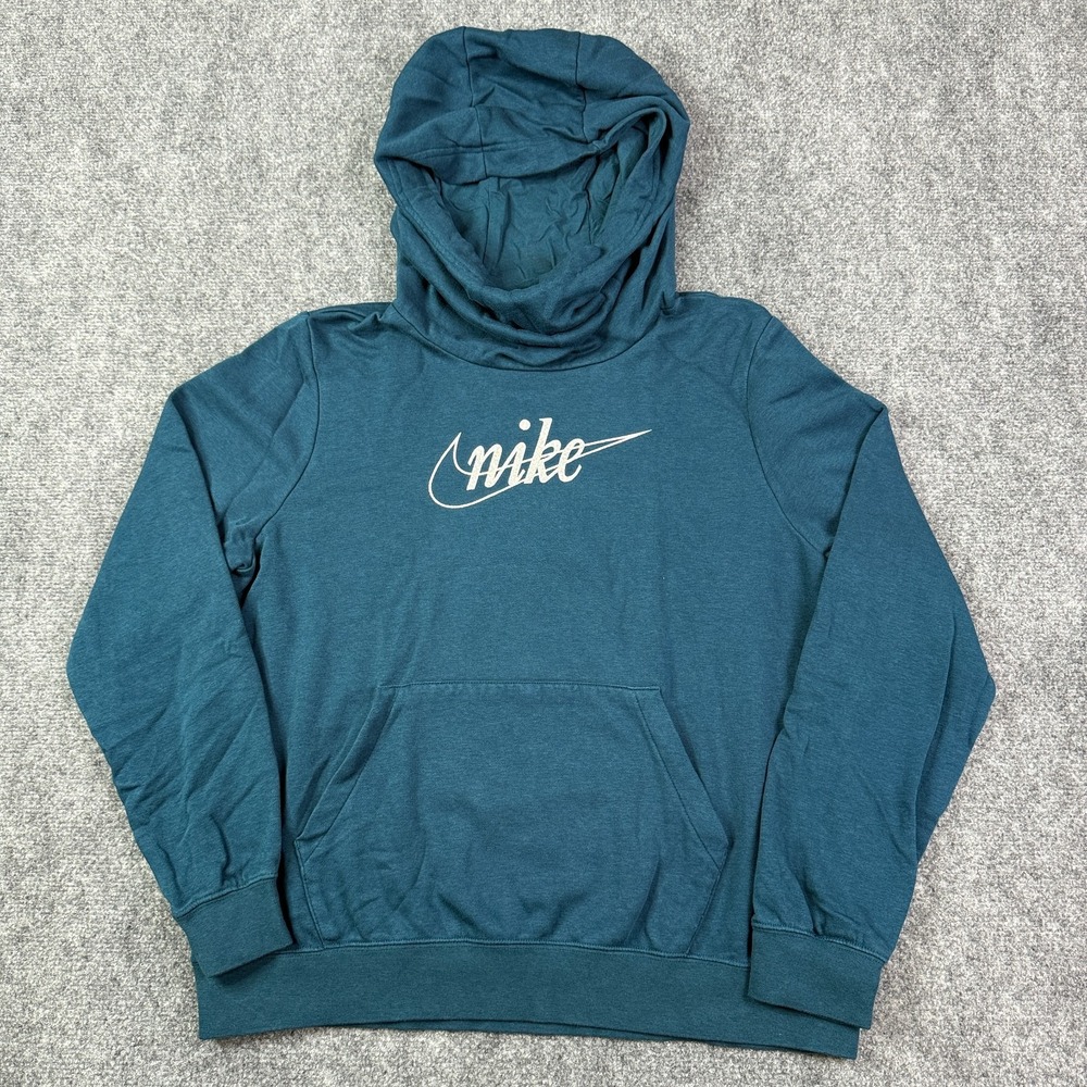 Nike Womens Relaxed Fit Hoodie Large Teal Script Swoosh Glitter Logo Pullover